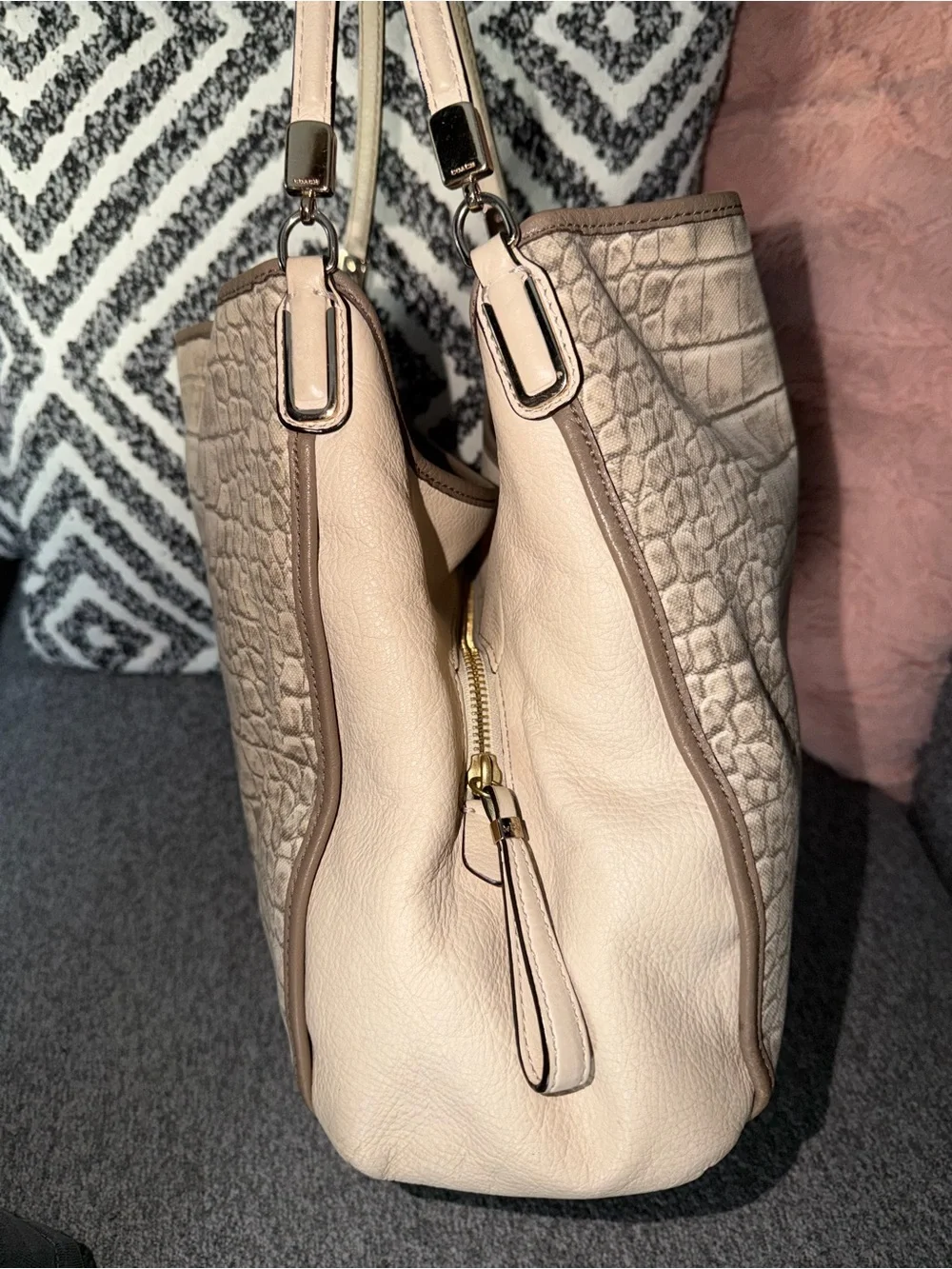 Coach Beige Croc-Embossed Canvas and Pebbled Leather Madison Shoulder Bag